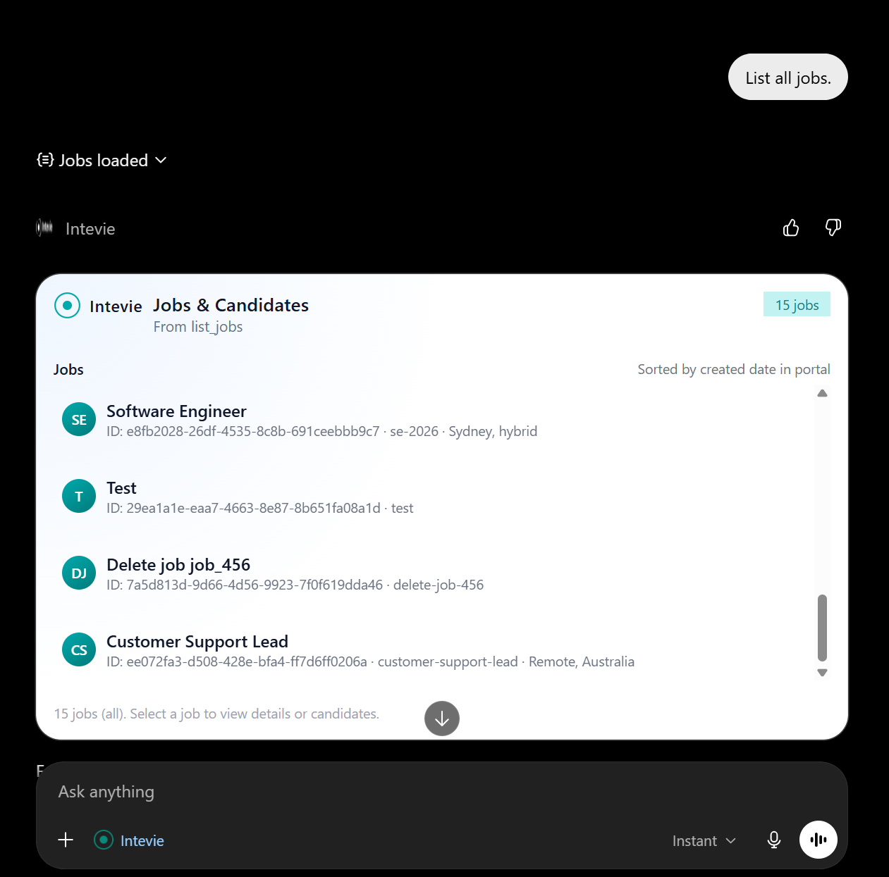 ChatGPT conversation showing Intevie jobs loaded through a tool call.